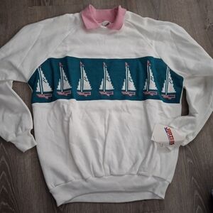 Vintage Jerzees White Pink Green Sweater Sailboat Design Size Xl New